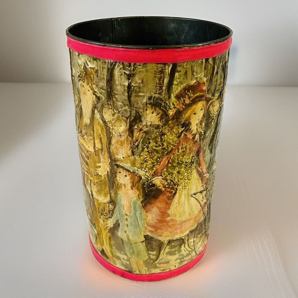 Vtg J.L. Clark 15" Paper Mache 3D Victorian Style Metal Trash Can Umbrella Stand